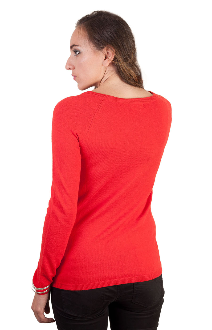 Pull col rond en cachemire mélangé de couleur rouge pour femme