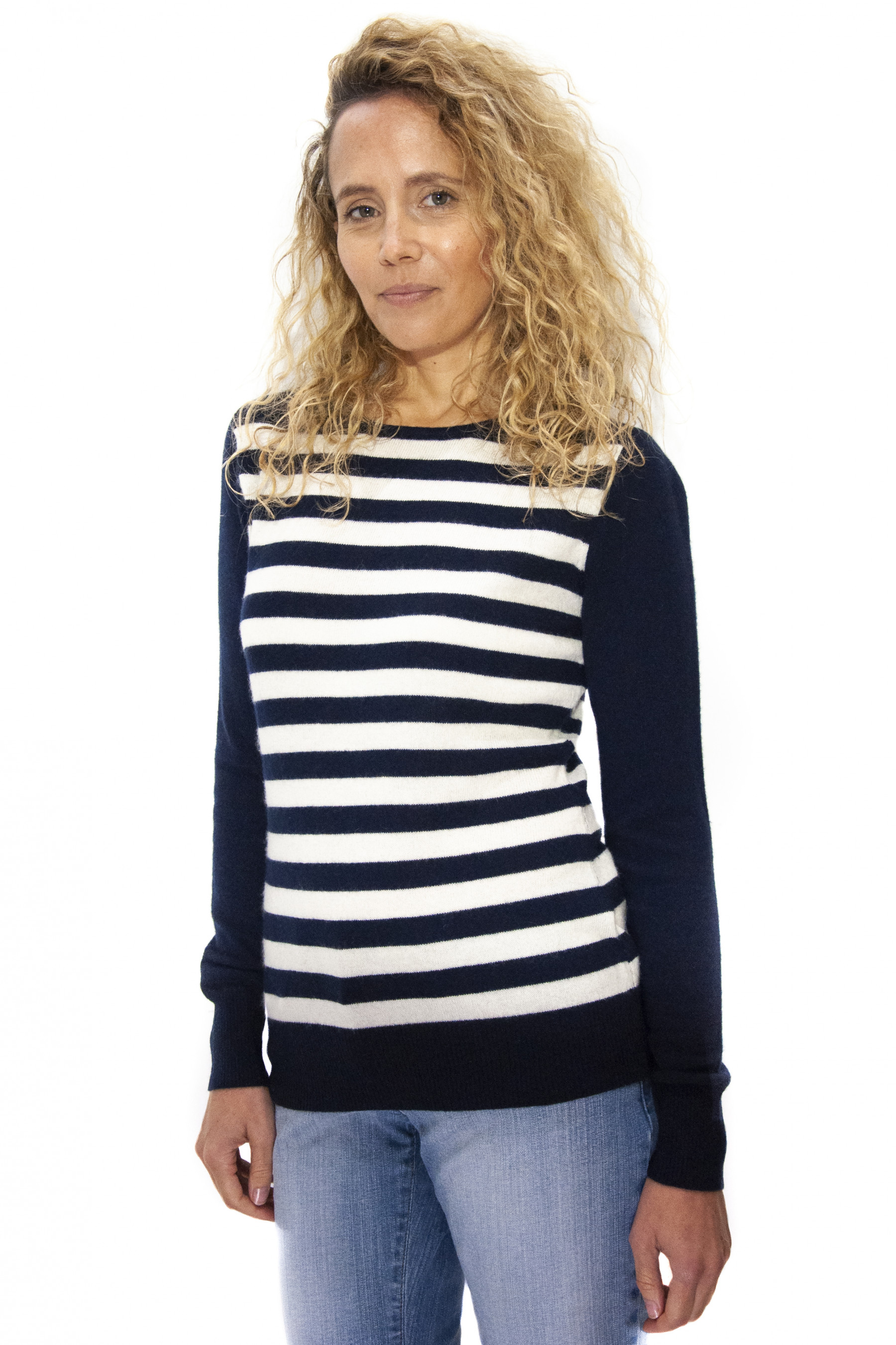 Pull cachemire femme col rond TALYA bleu marine rayé blanc 