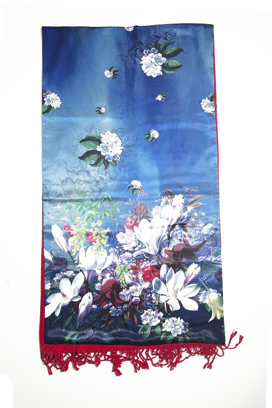 Etole soie imprimée fleurs bleues doublée cachemire rouge