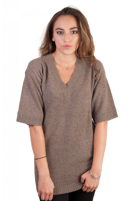 Pull tunique en cachemire gris chiné