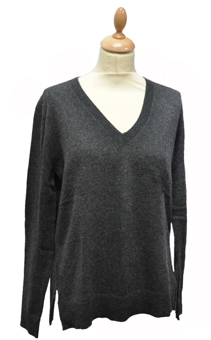 Pull cachemire Femme col V Gris Foncé