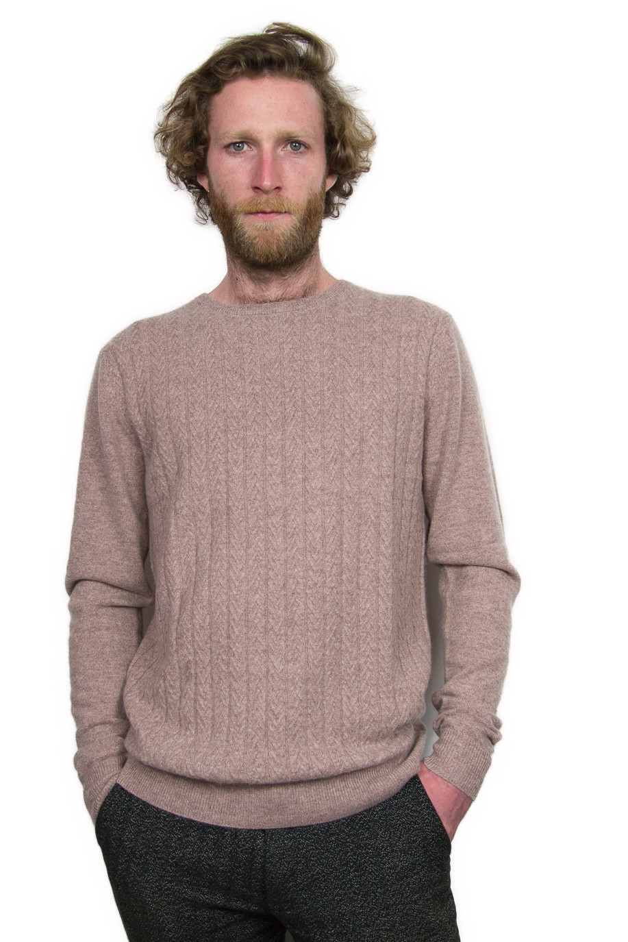 Pull homme col rond torsadé 100% cachemire gris