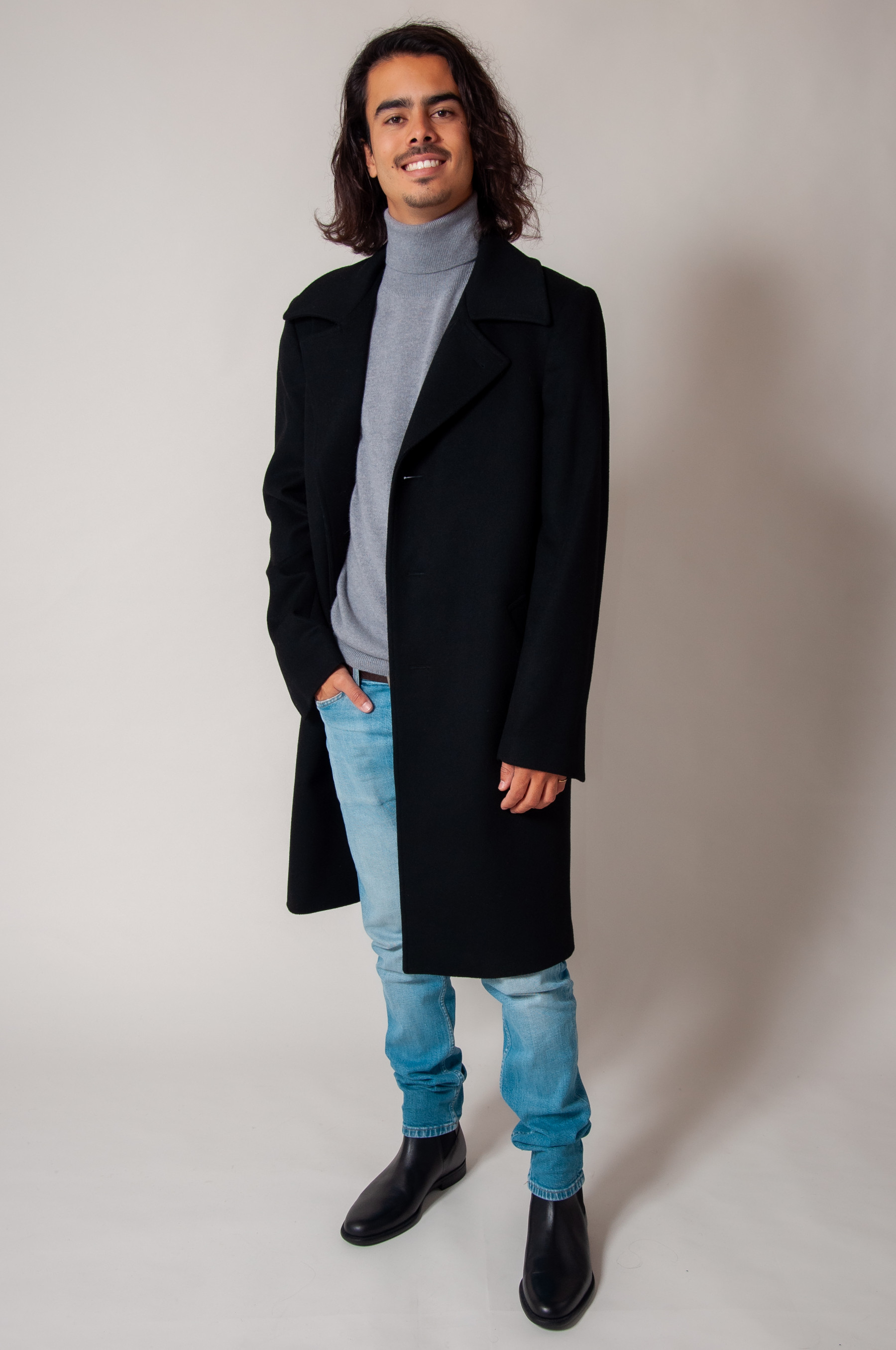 Man cashmere wool long coat black