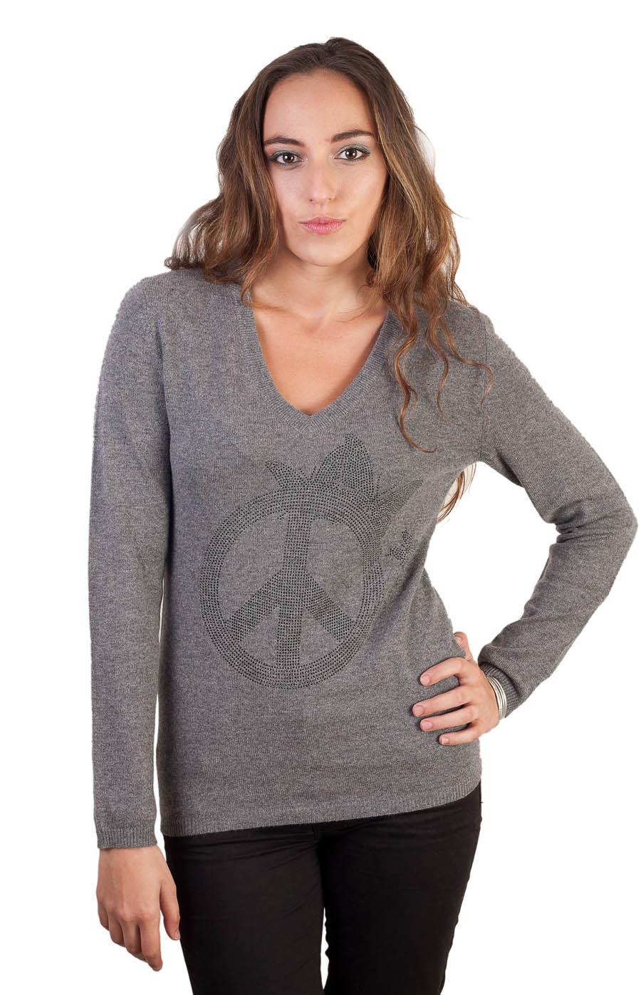 Pull cachemire femme CINDY Peace & Love gris devant