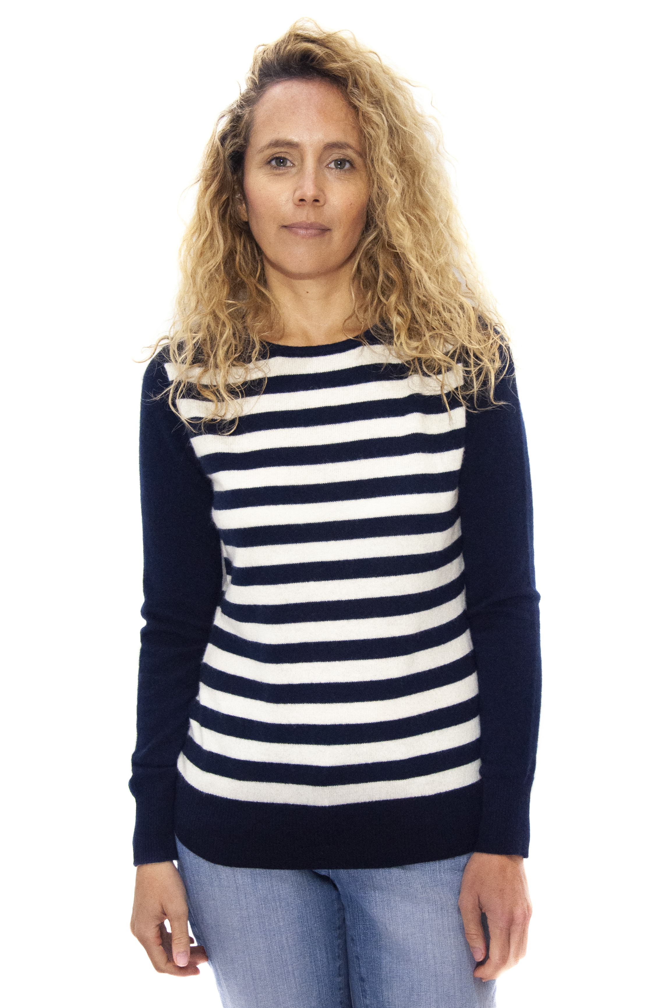 Pull cachemire femme col rond TALYA bleu marine rayé blanc 